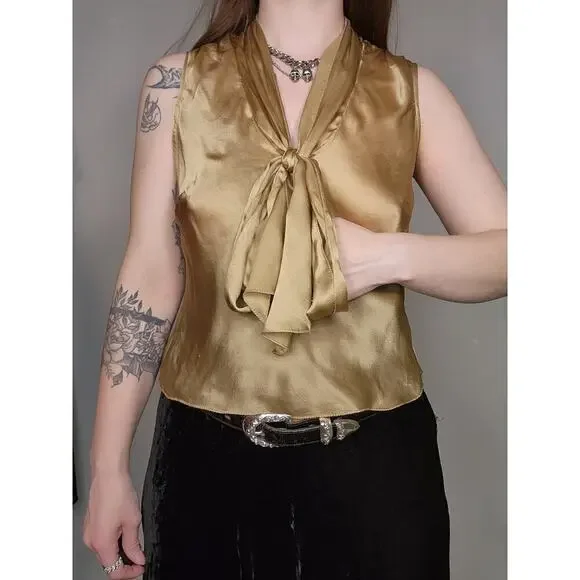 Y2k The Limited Gold Shimmery V-Neck Tie Front Poet Silk Croquette Tank Top Sz S - Picture 6 of 8